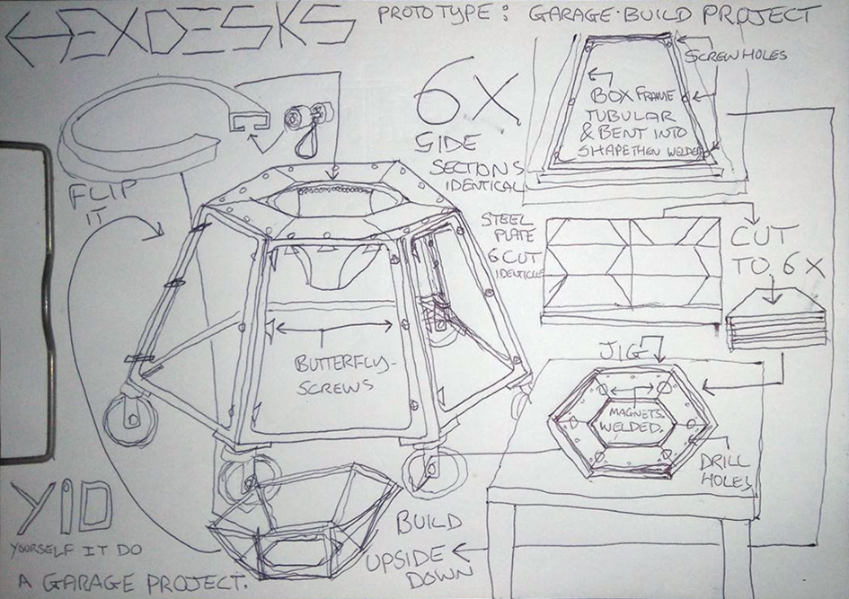 Seat desk in one, rotating bungie sprung hammock seat in a hexagonal shaped desk. Design by eddie crowley